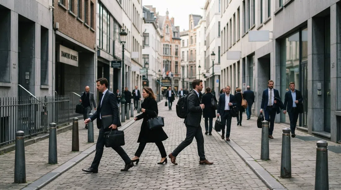 Hoveniersstraat i Antwerpens diamantkvarter på en hverdag morgen, almindelige kontorfacader, sikkerhedspullerter og hastige handlende, der bevæger sig mellem børser