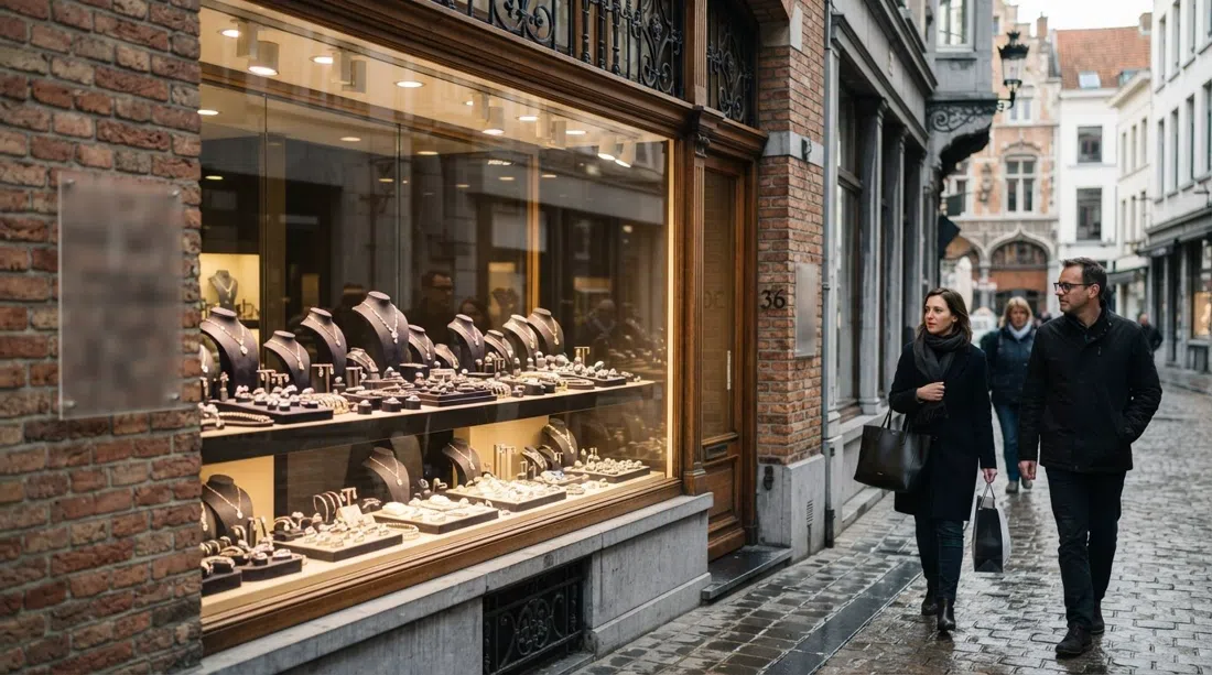 vinduet hos Diamond Blue på en diamantgadefacade, smykker i 18 karat guld og ædelsten vist under skarp detailbelysning