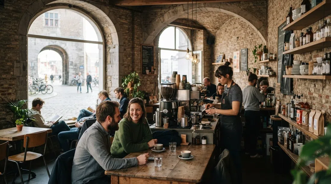 el interior luminoso de Camion & Camionette en la portería Poortgebouw, con servicio de café de día y un ambiente tranquilo de café de barrio