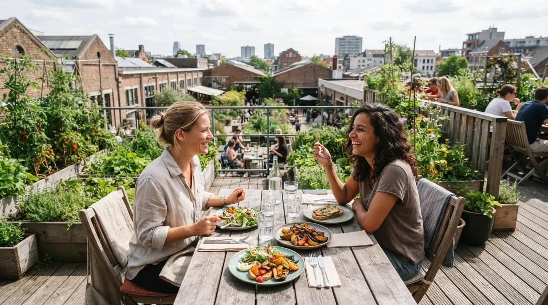 la terraza alimentada por el huerto de la azotea en RACINE PAKT, con platos de almuerzo sobre la mesa y vegetación visible sobre el patio del almacén