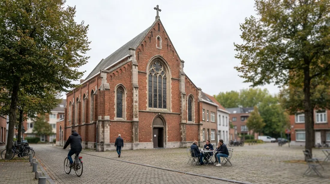 la antigua capilla en Paradeplein de Groenkwartier, con su fachada de ladrillo rojo y la plaza tranquila antes de la conversión a Rite