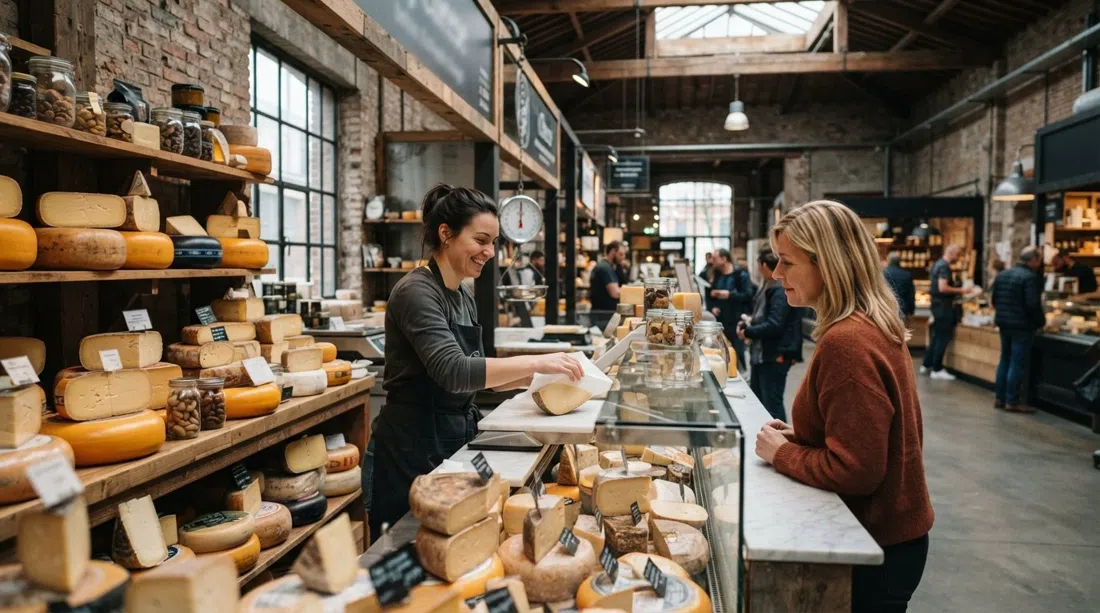 la tienda Only Cheese en Boomgaardstraat 1-3 dentro del complejo de la cervecería De Koninck, con quesos exhibidos en el antiguo mercado artesanal de alimentos