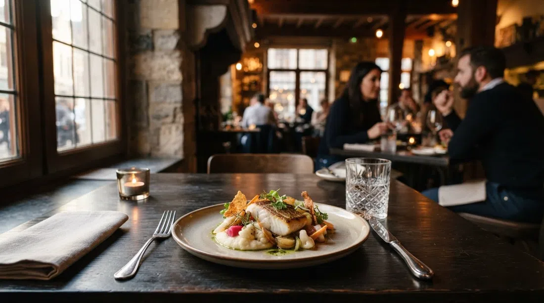 plato refinado en Kommilfoo sobre una mesa oscura, presentación precisa de alta cocina con luz cálida del atardecer desde la ventana