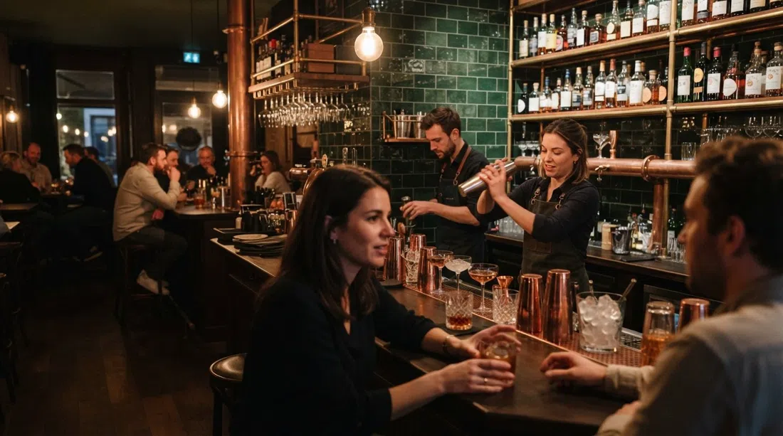 interior de azulejos verdes de Bar Burbure en Vlaamsekaai 41, accesorios de cobre, copas de cóctel y un suave resplandor nocturno