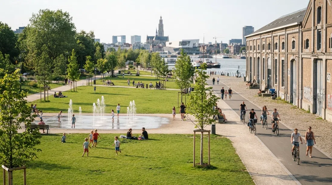 amplios céspedes del Zuidpark y árboles recién plantados en una tarde soleada, con el hangar rehabilitado y las fuentes de agua a la vista