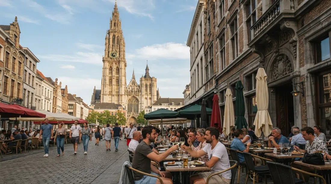 La Catedral de Nuestra Señora elevándose sobre la Handschoenmarkt en Amberes, con su aguja gótica enmarcada por la pequeña plaza y mesas de terraza a la luz de la tarde