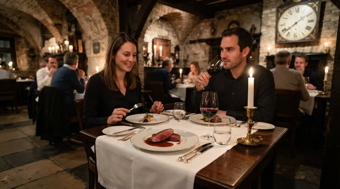 El comedor iluminado con velas en Sir Anthony Van Dijck, en la casa restaurada de 1557 junto a Vlaeykensgang, con refinada cocina francesa clásica sobre mantel blanco