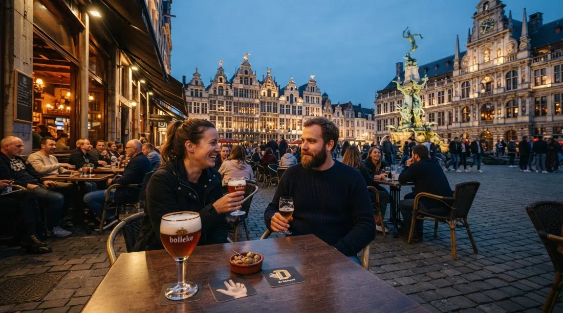 Den Engel en la Grote Markt de Amberes al atardecer, con mesas en la terraza frente a la Fuente de Brabo y un bolleke de cerveza ámbar De Koninck sobre la mesa