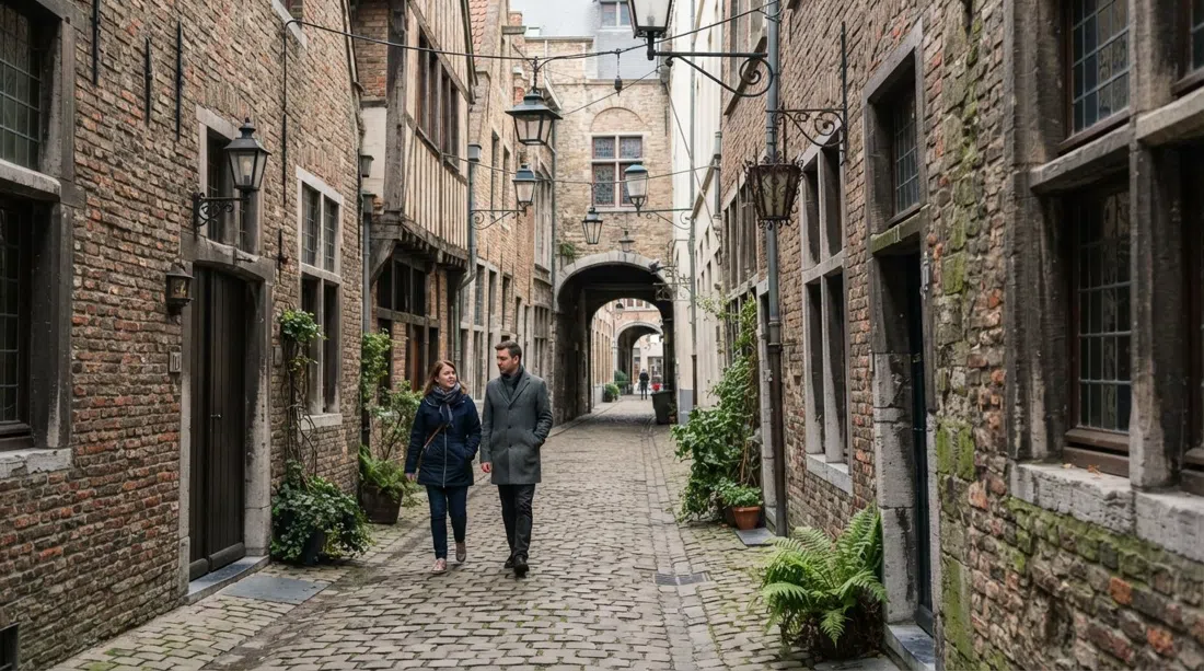 El estrecho callejón adoquinado de Vlaeykensgang desde Oude Koornmarkt, con paredes de ladrillo, faroles colgantes y un pasaje medieval silencioso con luz suave del día