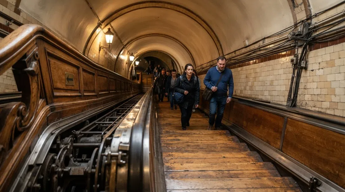 Las escaleras mecánicas de madera originales de 1933 en la entrada del túnel de Sint-Anna en St-Jansvliet, descendiendo hacia el Escalda con luz cálida sobre la madera barnizada