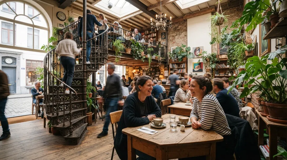 el interior lleno de plantas de Dansing Chocola en Kloosterstraat, escalera de caracol al entrepiso y tazas de café en una mesa de esquina con techo alto