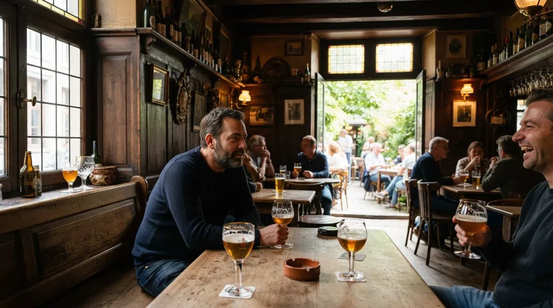 la sala de café marrón del siglo XVII de Heilig Huisken en Kloosterstraat, madera oscura, vasos de cerveza y la terraza del jardín trasero vislumbrada a través de la puerta trasera