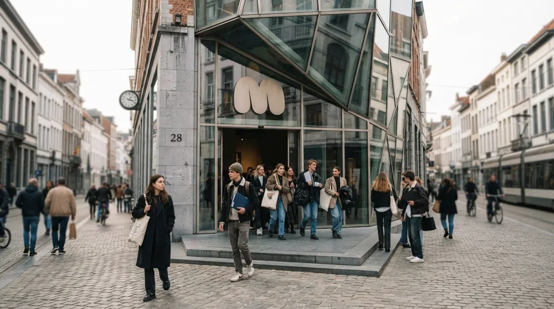 la fachada del MoMu Fashion Museum en Nationalestraat 28, frente de museo contemporáneo con estudiantes de moda y visitantes llegando bajo la luz suave del día