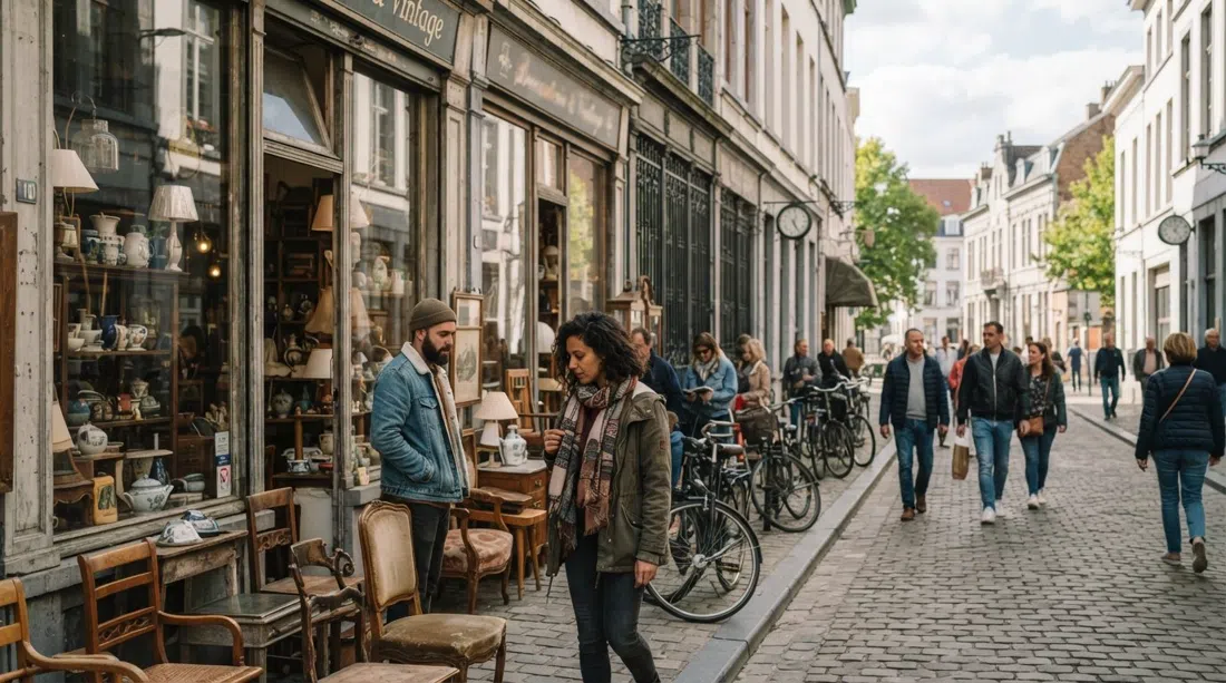 Escaparates de Kloosterstraat en Sint-Andries con muebles de brocante y objetos de diseño visibles a través de las ventanas, una escena callejera para curiosear con luz suave de tarde