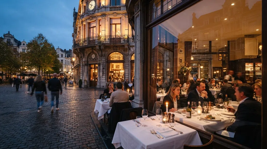 Cafe Restaurant Bourla en el Graanmarkt a la luz del atardecer, elegantes mesas de brasserie preparadas para los comensales pre-teatro detrás de los ventanales