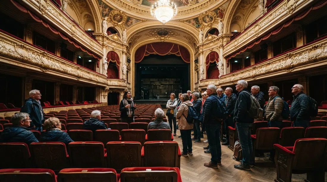 el ornamentado interior del Bourlaschouwburg en una visita guiada, detalles neoclásicos y asientos del auditorio vistos desde la platea
