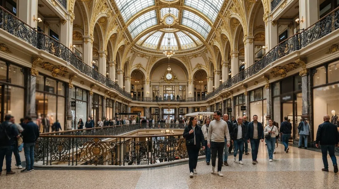 el interior de pan de oro y cúpula de vidrio del Stadsfeestzaal en el Meir, compradores moviéndose bajo el techo restaurado del salón de festivales