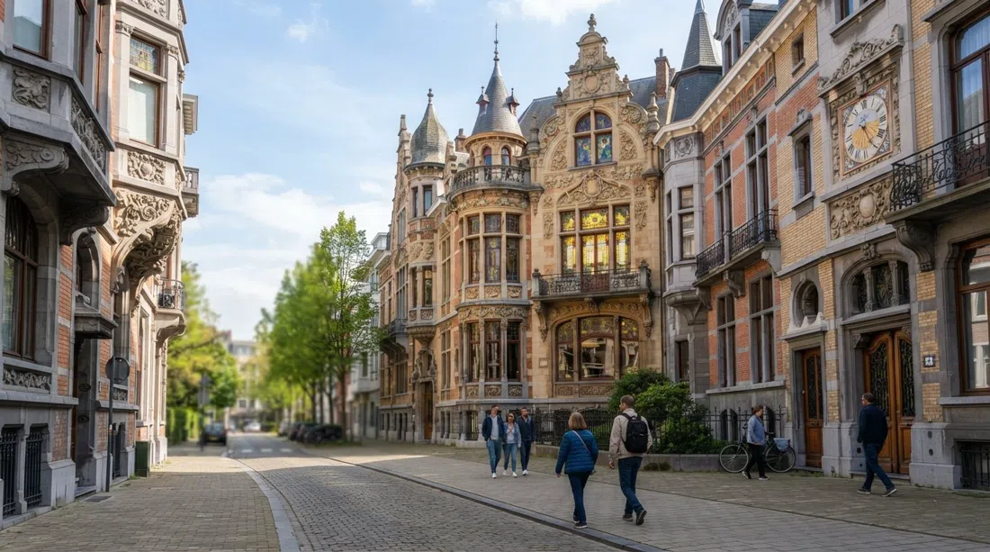 las ornamentadas fachadas de Cogels-Osylei en Amberes, con casas adosadas con torretas, trabajos florales en piedra y vidrieras vistas desde el nivel de la calle en un día brillante
