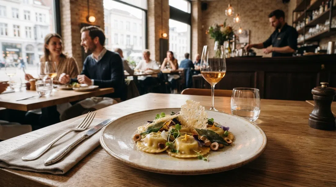un plato refinado del menú de degustación en Materia en Dageraadplaats, alta cocina italiana moderna con emplatado preciso y luz cálida de restaurante