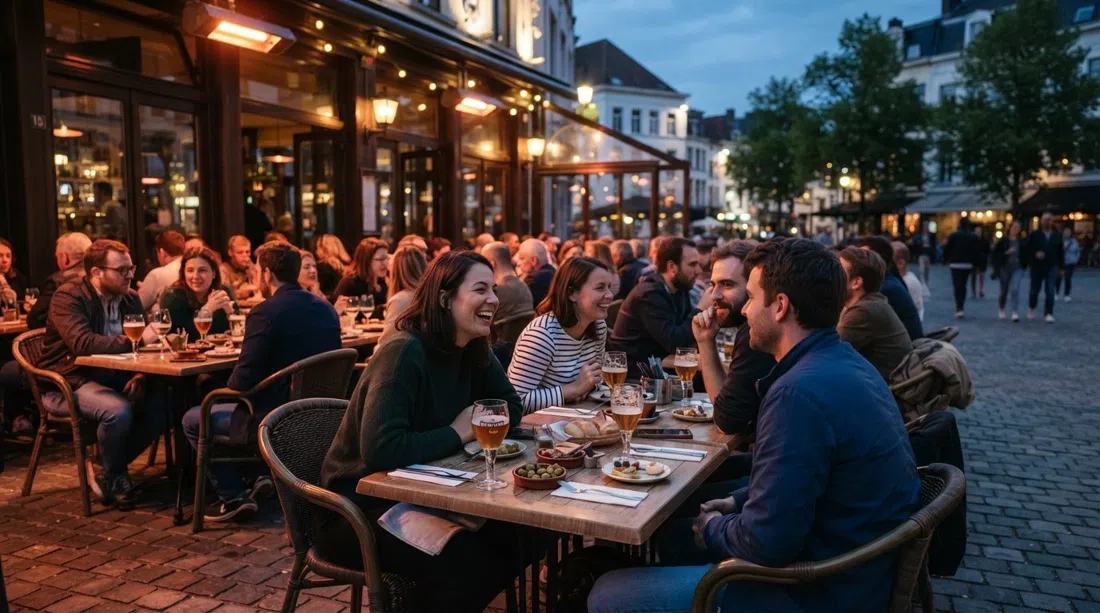 la terraza de Zeezicht en Dageraadplaats al atardecer, vasos de cerveza y platitos de tapas bajo cálidas lámparas calefactoras