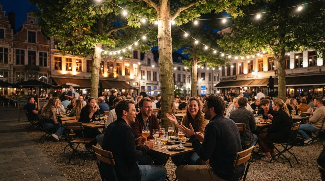 Dageraadplaats de noche en Amberes, guirnaldas de luces brillando sobre terrazas de cafés con lugareños bebiendo cerveza belga bajo los árboles