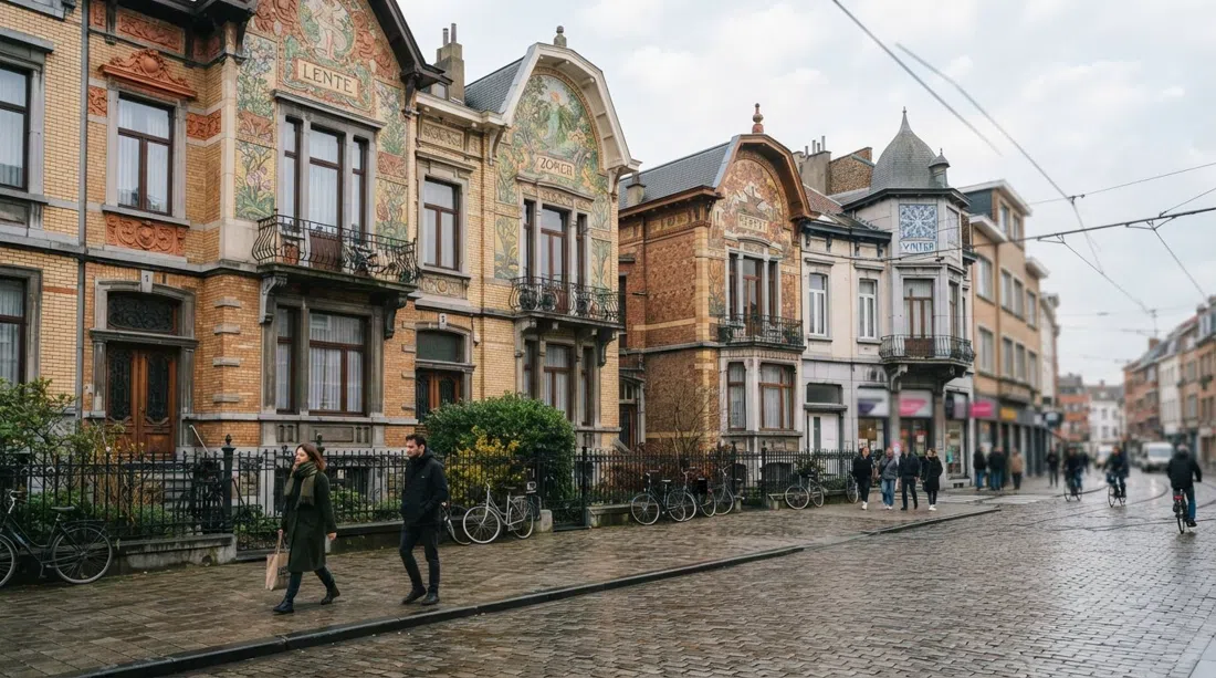 las casas de las Cuatro Estaciones en Waterloostraat y Generaal van Merlenstraat, cuatro fachadas esquinadas cada una con un mosaico estacional con luz diurna suave